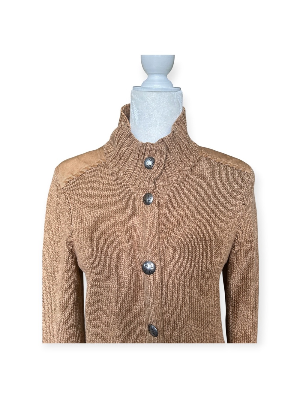 Ralph Lauren Vintage knit Cardigan Sweater – Camel with Suede Pockets - L - Picture 3 of 12